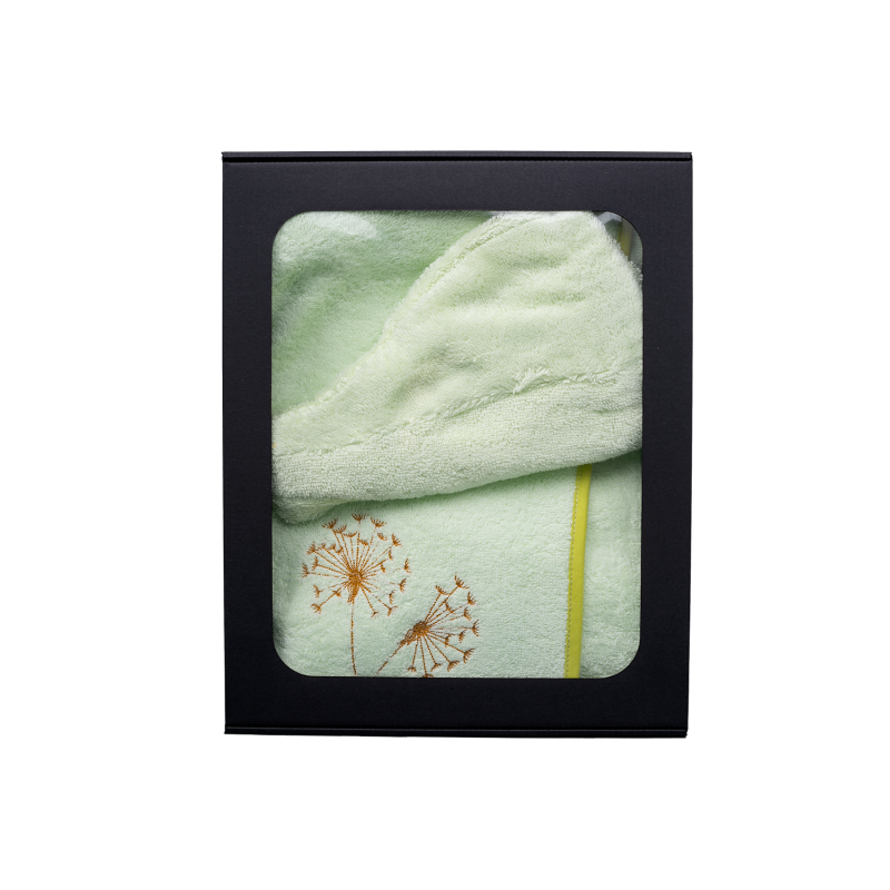 Ajándékszett ajándékdobozban NŐKNEK. Női szaunasapka és kötény VILÁGOSZÖLD