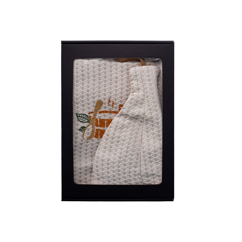 Ajándékszett ajándékdobozban FÉRFIAKNAK. Férfi szaunasapka és kötény - LEN, hímzett