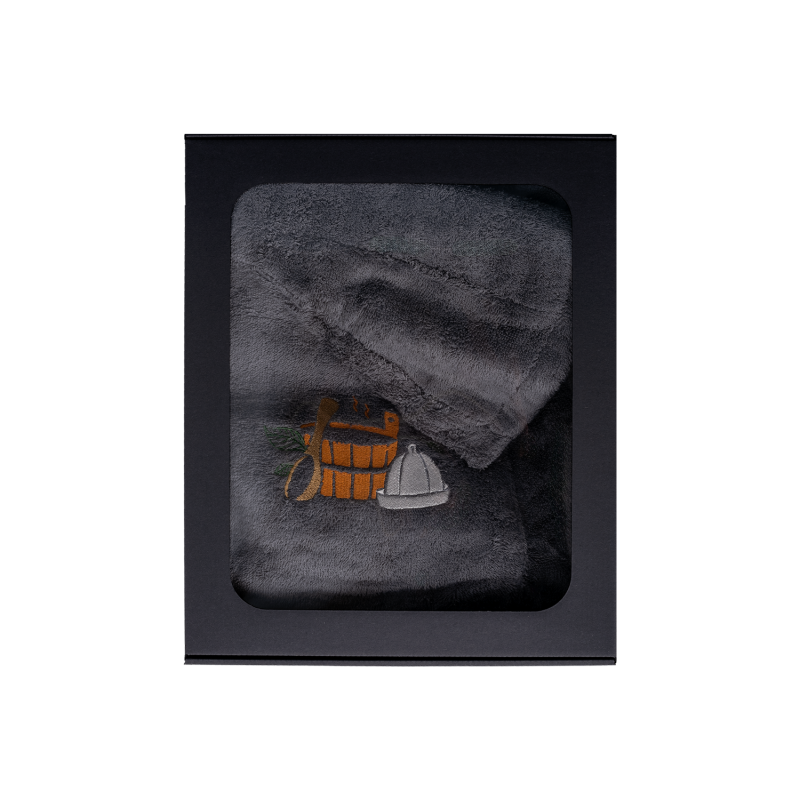 Ajándékszett ajándékdobozban FÉRFIAKNAK. Férfi szaunasapka és kötény - SZÜRKE