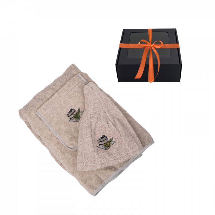 Ajándék szett neki - VÁSZON, 80x160 cm, díszdobozban. Szaunához kötény és sapka