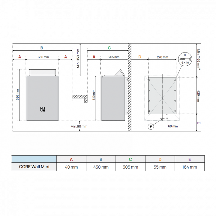 Elektromos szaunakályha - HUUM Core Wall Mini, fekete