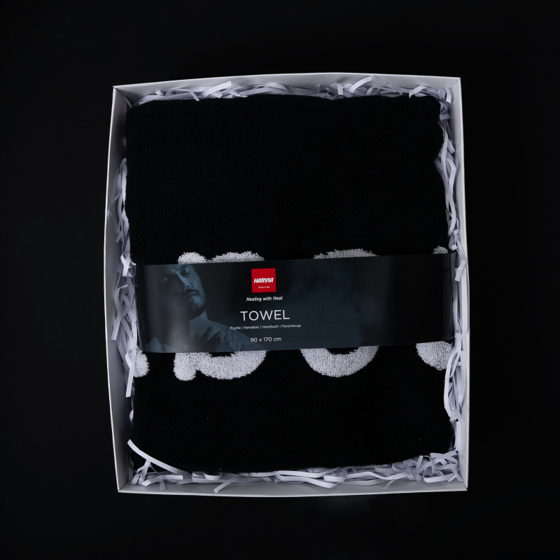 Törölköző HARVIA #healingwithheat díszdobozban, 90 x 170 cm, fekete